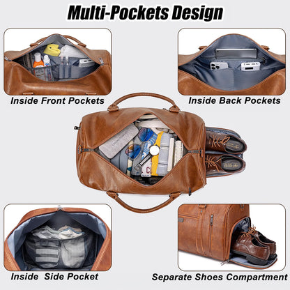 HyperionFlo Essentials Large Travel Duffel Bag for Women & Men, Waterproof Faux Leather Weekender Bag with Shoe Compartment, Toiletry Bag & Luggage Sleeve, Brown
