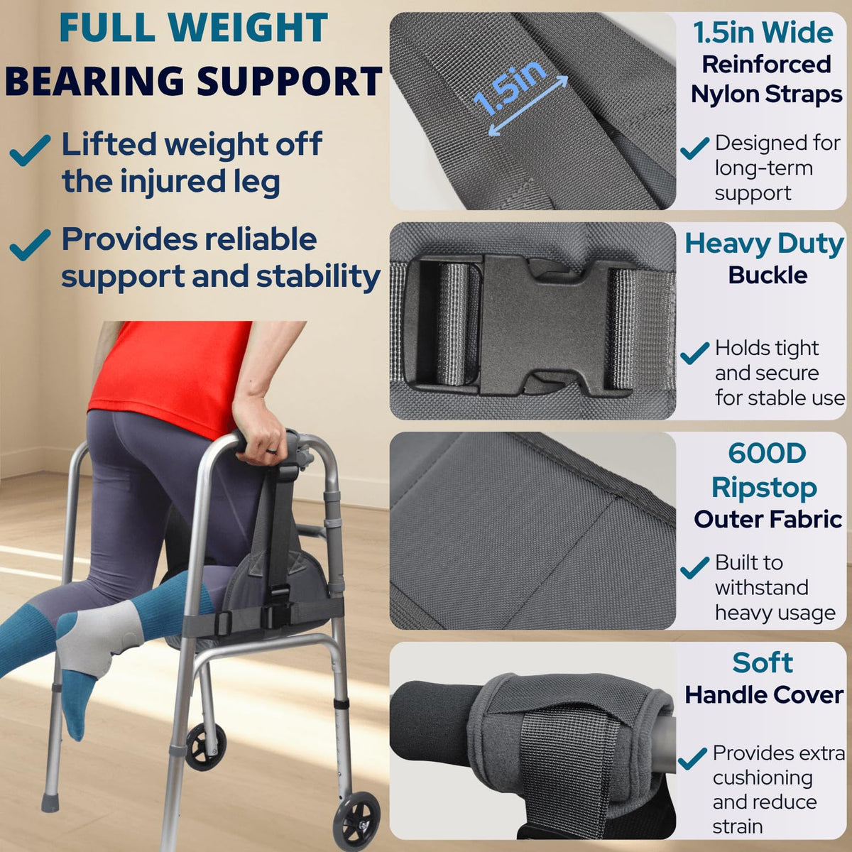 Knee Sling for Walker, Knee Support for Non Weight Bearing Alternative to Knee Scooter & Crutch for Surgery Recovery, Walker Accessories for Foot Injuries, Adjustable, Cushioned, Grey