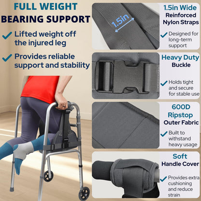 Knee Sling for Walker, Knee Support for Non Weight Bearing Alternative to Knee Scooter & Crutch for Surgery Recovery, Walker Accessories for Foot Injuries, Adjustable, Cushioned, Grey