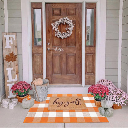 CAINANEL Fall Outdoor Rug, Orange & White Buffalo Plaid Cotton Hand-Woven Doormat, 27.5 x 43 Inch Washable Indoor Outdoor Rug for Front Door, Porch, Patio & Entryway