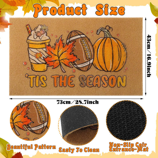 Tinideya Fall Football Door Mat, 29 x 17 Inch Outdoor Welcome Mat with Fall Leaves, Pumpkin & Football Design, Non-Slip PVC Backing, Brown