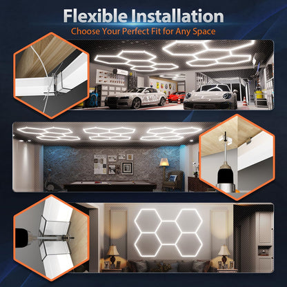 Hexagon Garage Lights: 168W 5 Grids LED Garage Lights - Easy Install 6500K Super Bright Honeycomb Light for Workshop Warehouse Car Detailing Shop Exhibition Hall Gym
