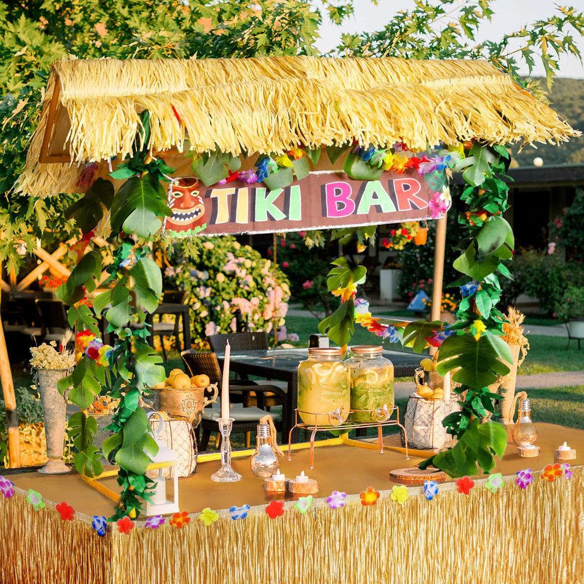 Auihiay 50-Piece Tiki Bar Hut Kit, Hawaiian Luau Party Decorations with Tiki Bar Roof, Banner, Flower Garland, Palm Leaves, Table Skirt & Tablecloth, Yellow
