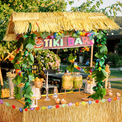 Auihiay 50-Piece Tiki Bar Hut Kit, Hawaiian Luau Party Decorations with Tiki Bar Roof, Banner, Flower Garland, Palm Leaves, Table Skirt & Tablecloth, Yellow