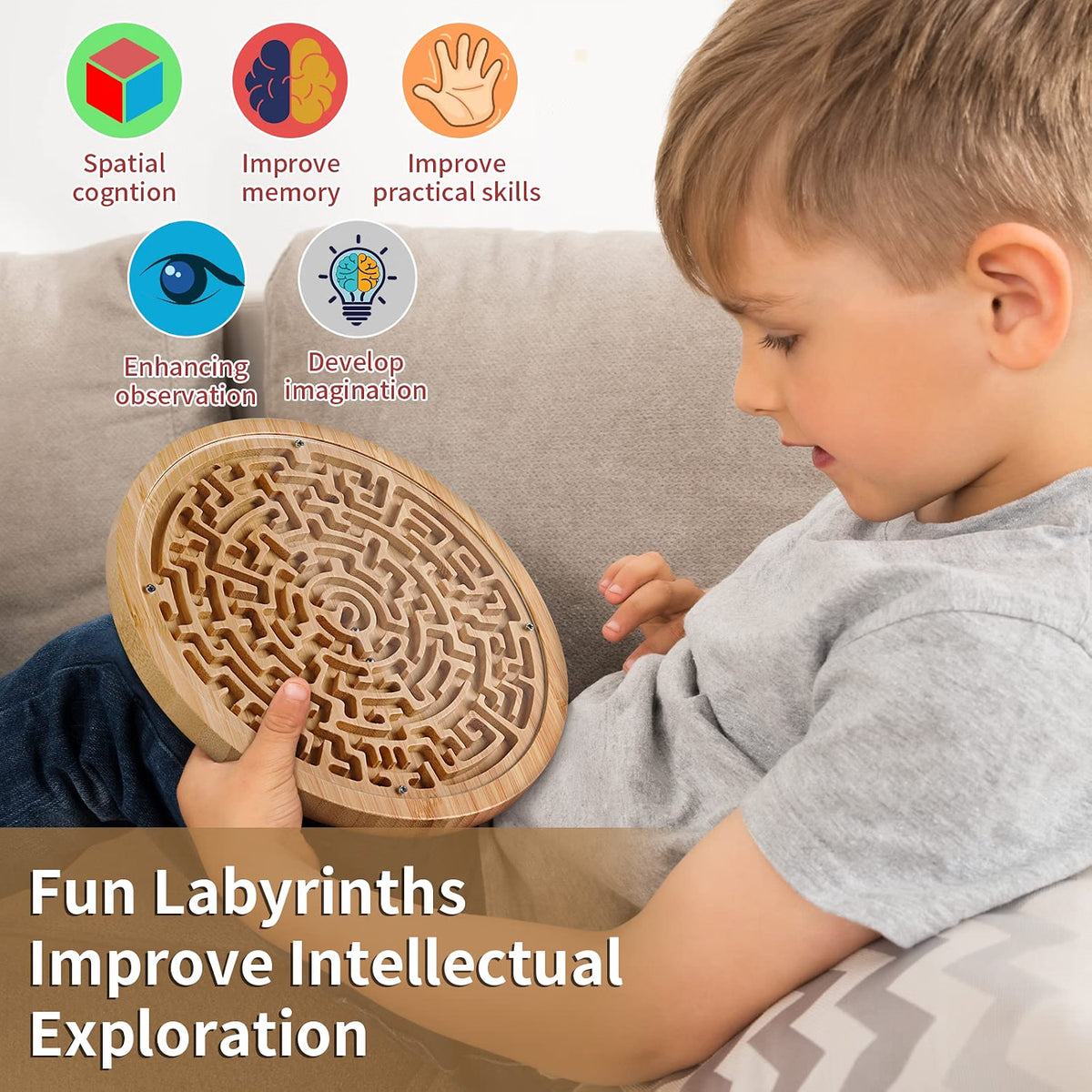 CHILLKITYPET Round Wooden Labyrinth Board Game, Wooden Marble Maze with Two Metal Balls, Brain Teaser Puzzle for Kids, Teens & Adults, Portable Tabletop Activity Game