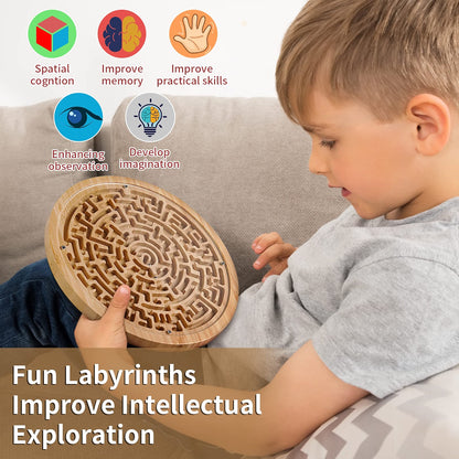 CHILLKITYPET Round Wooden Labyrinth Board Game, Wooden Marble Maze with Two Metal Balls, Brain Teaser Puzzle for Kids, Teens & Adults, Portable Tabletop Activity Game