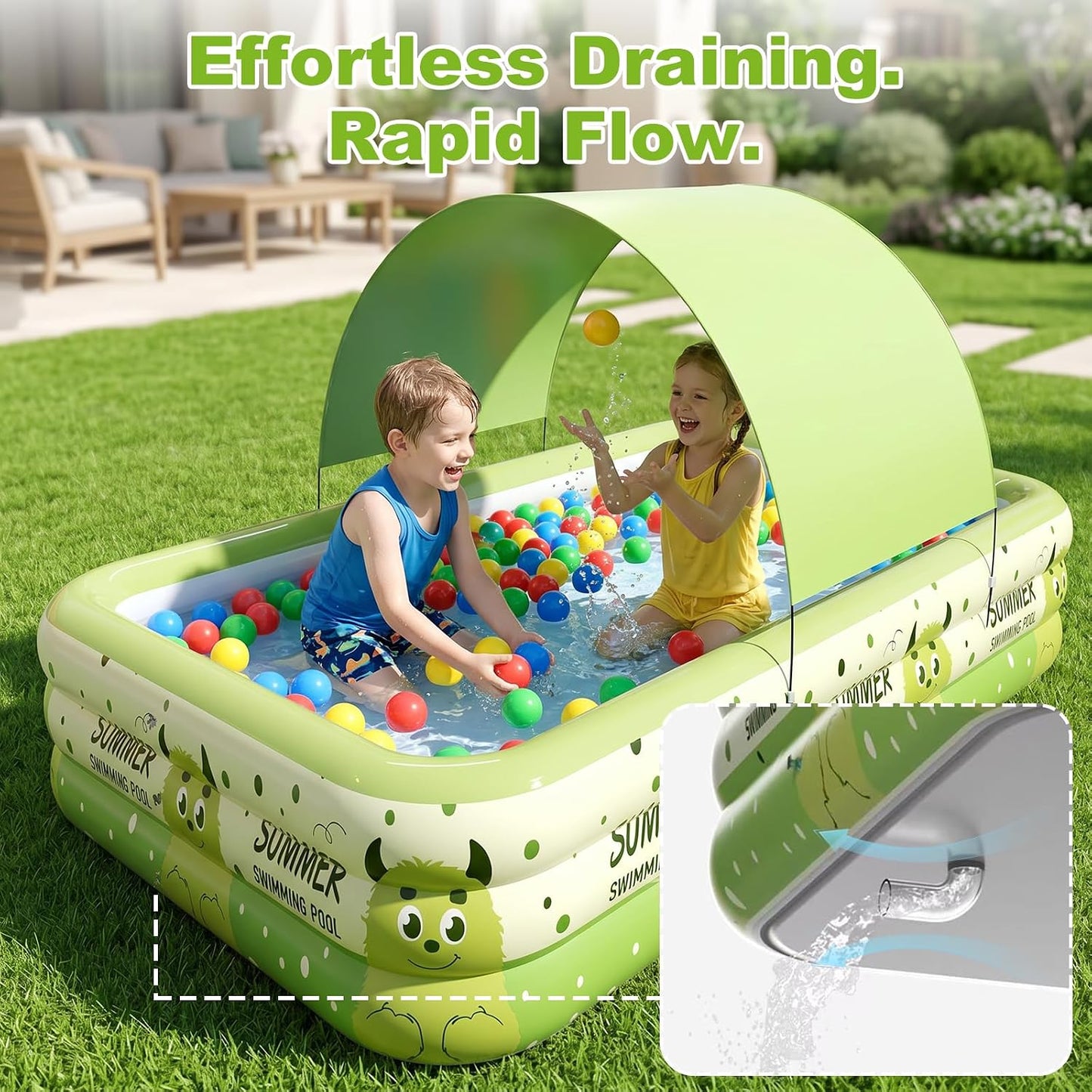 Kiddie Pool with Canopy 71" x 51" x 22", Inflatable Baby Pool with Detachable Sunshade, Portable Blow-Up Swimming Pool for Toddlers and Kids, Backyard Outdoor Water Play Pool, Green Monster