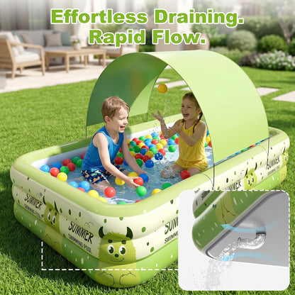 Kiddie Pool with Canopy 71" x 51" x 22", Inflatable Baby Pool with Detachable Sunshade, Portable Blow-Up Swimming Pool for Toddlers and Kids, Backyard Outdoor Water Play Pool, Green Monster