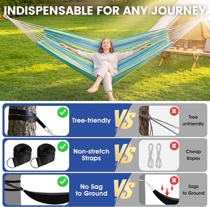 DeeprBetter Cotton Camping Hammock for Outside, Portable Single Hammock with Tree Straps & Carabiners, 420-Lb Capacity, 106" x 59", Green