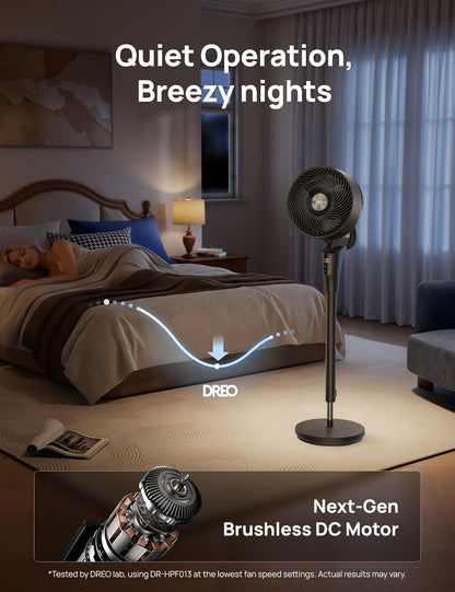 DREO Fan for Bedroom, 2026 Upgraded, 90ft Airflow, Quiet Fan, 90° Oscillating Standing Fan for Whole Room, DC Motor, 8+H Speeds, 3 Modes, 38-42'' Adjustable Height, 8H Timer, 105° Manual Vertical