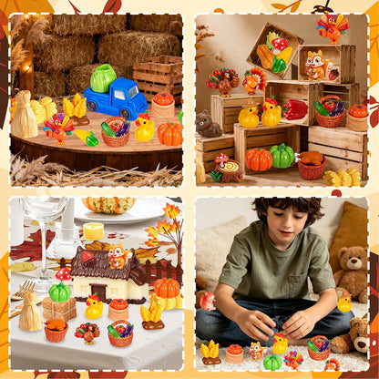 QAUYETM 50-Piece Fall Thanksgiving Mini Resin Figurines, Autumn Farm Village Decor with Pumpkins, Turkeys, Scarecrows & Harvest Accessories for Dollhouse, Garden & Table