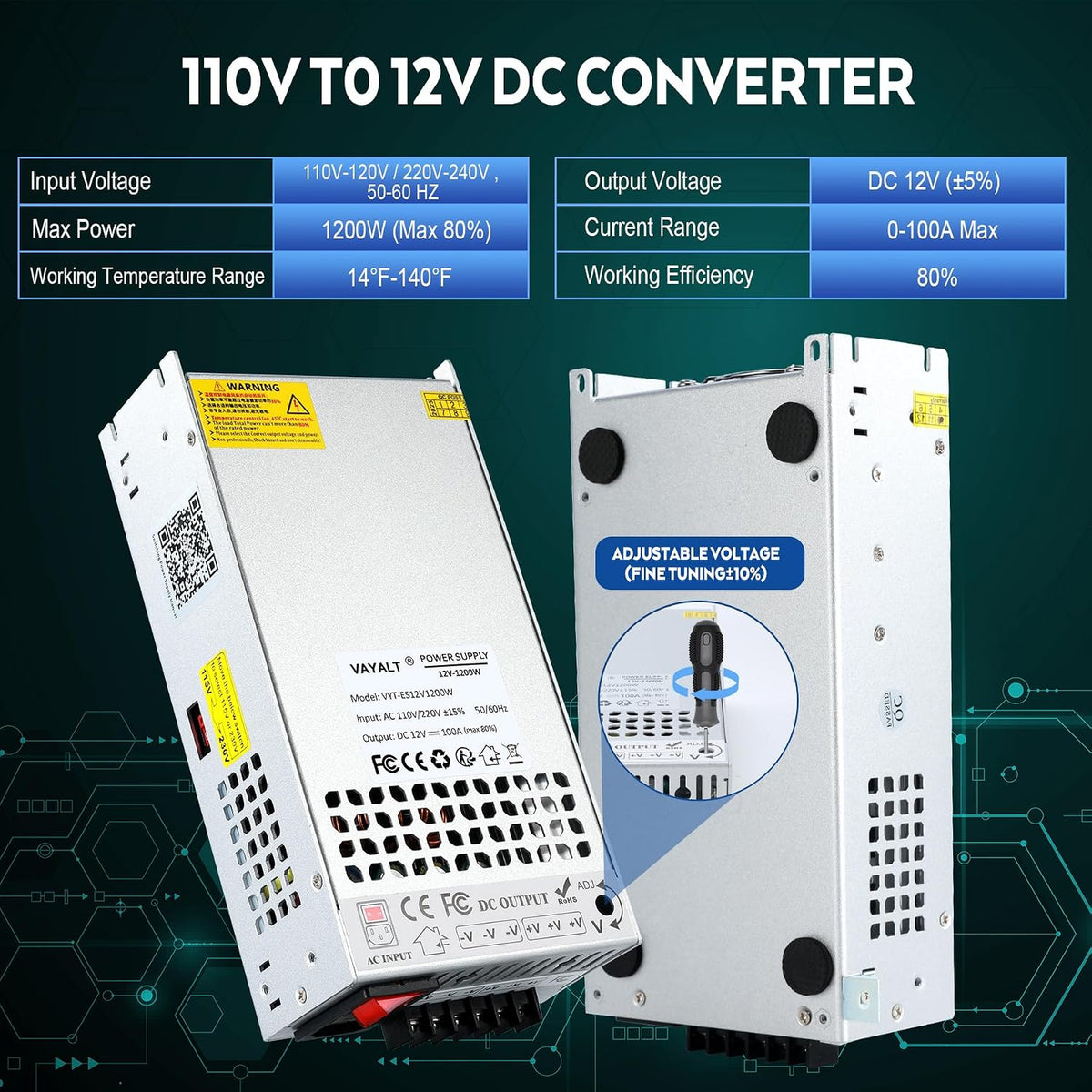 VAYALT DC 12V 100A 1200W Switching Power Supply, 110V/220 V Power Supply AC to DC Converter, Universal Regulated Switching,12V Power Supply for CCTV Camera System,3D Printer,Led Strip,Computer Project