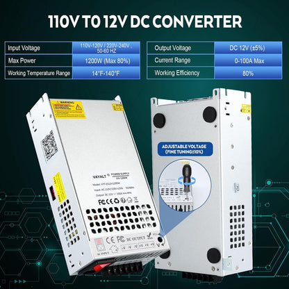 VAYALT DC 12V 100A 1200W Switching Power Supply, 110V/220 V Power Supply AC to DC Converter, Universal Regulated Switching,12V Power Supply for CCTV Camera System,3D Printer,Led Strip,Computer Project
