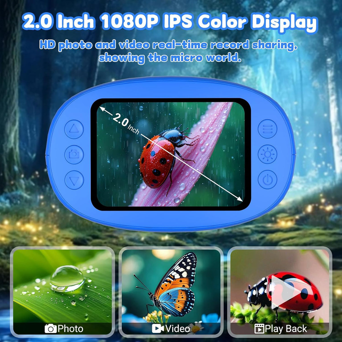 Pozifu 1000X Handheld Digital Microscope for Kids, 50X–1000X Magnification, 2.0" IPS HD Display, 1080P 2MP Camera, STEM Educational Toy, Blue