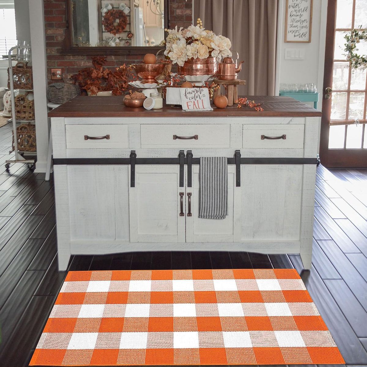 CAINANEL Fall Outdoor Rug, Orange & White Buffalo Plaid Cotton Hand-Woven Doormat, 27.5 x 43 Inch Washable Indoor Outdoor Rug for Front Door, Porch, Patio & Entryway