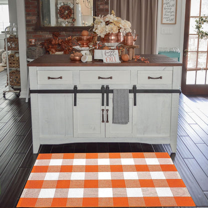 CAINANEL Fall Outdoor Rug, Orange & White Buffalo Plaid Cotton Hand-Woven Doormat, 27.5 x 43 Inch Washable Indoor Outdoor Rug for Front Door, Porch, Patio & Entryway