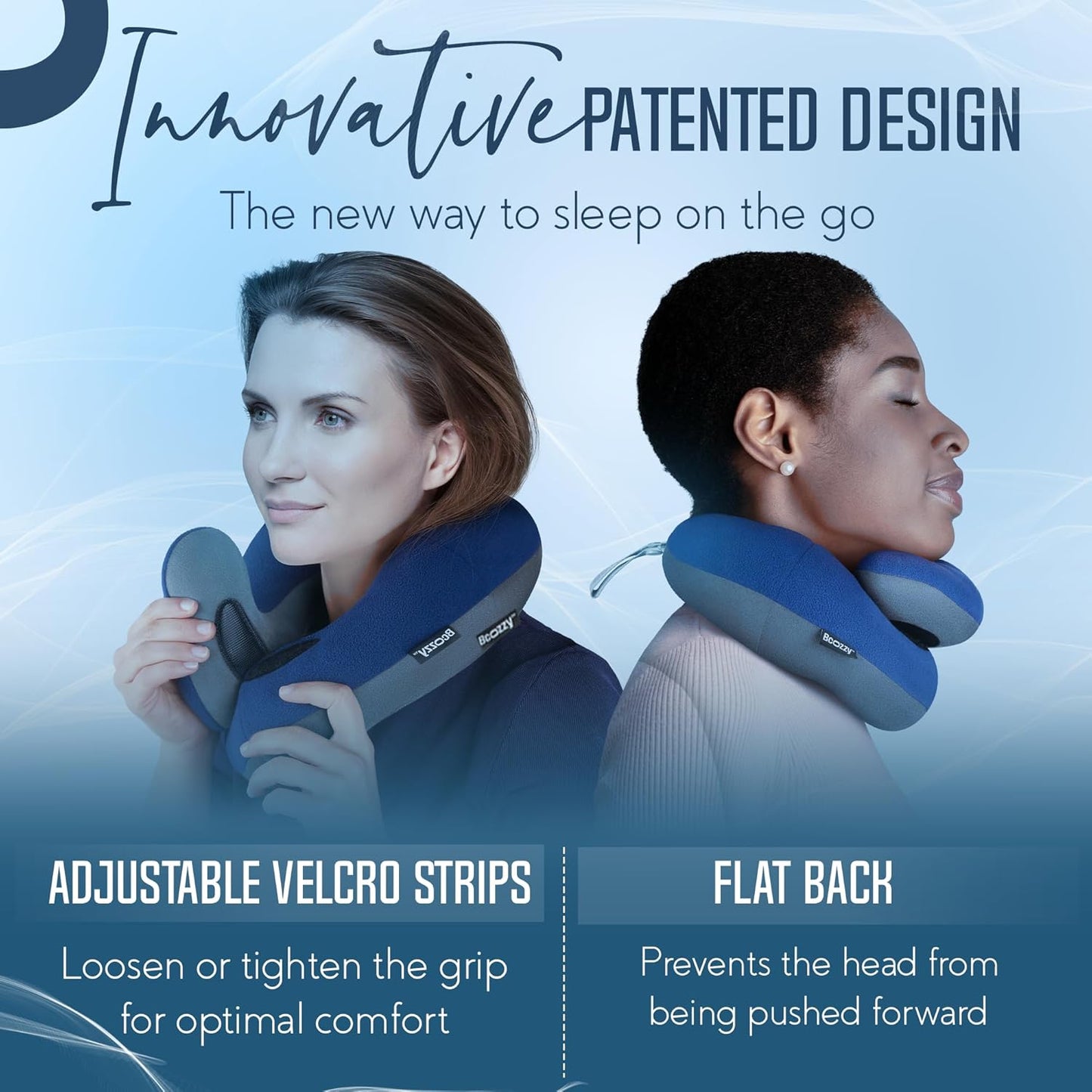BCOZZY Travel Neck Pillow for Airplane – Patented Double Support for Head, Neck, and Chin. Best for Long Flights, Plane Sleeping, and Car Rides. Adjustable Size. Fully Washable. Carry Bag. Large, Navy