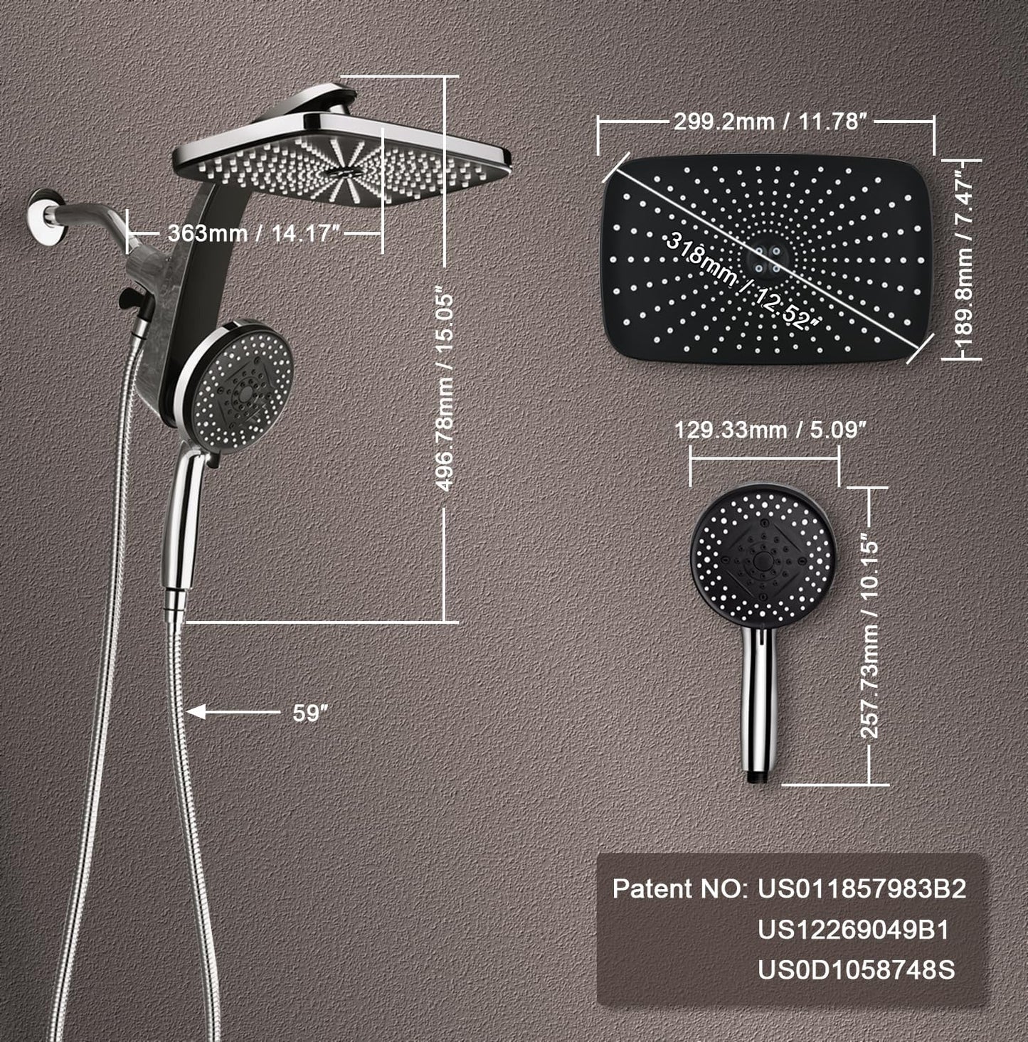 Rain Shower Head with Handheld Showerhead, Chrome 1.8GPM 460311 12" High Pressure Rainfall Shower Heads, 9 Sprays Handheld Showerheads, Magnetic Docking, Power Jets, 59" Shower Hose