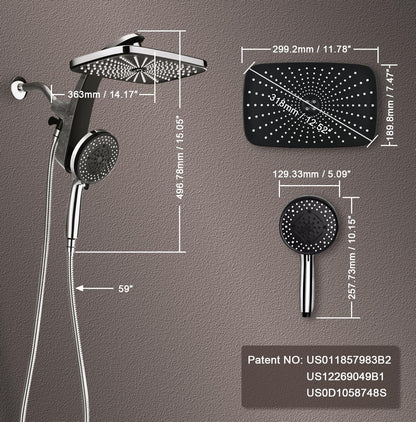 Rain Shower Head with Handheld Showerhead, Chrome 1.8GPM 460311 12" High Pressure Rainfall Shower Heads, 9 Sprays Handheld Showerheads, Magnetic Docking, Power Jets, 59" Shower Hose