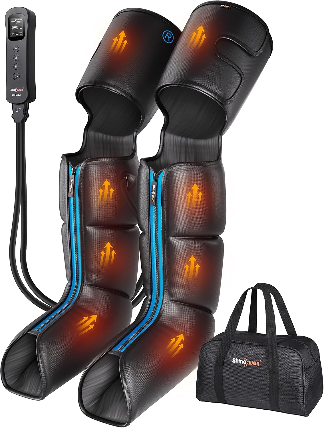 SHINE WELL Air Compression Leg Massager with Heat, Foot Calf & Thigh Compression Boots, 3 Massage Modes, 3 Intensity Levels, Sequential Compression Therapy, Auto Shut-Off
