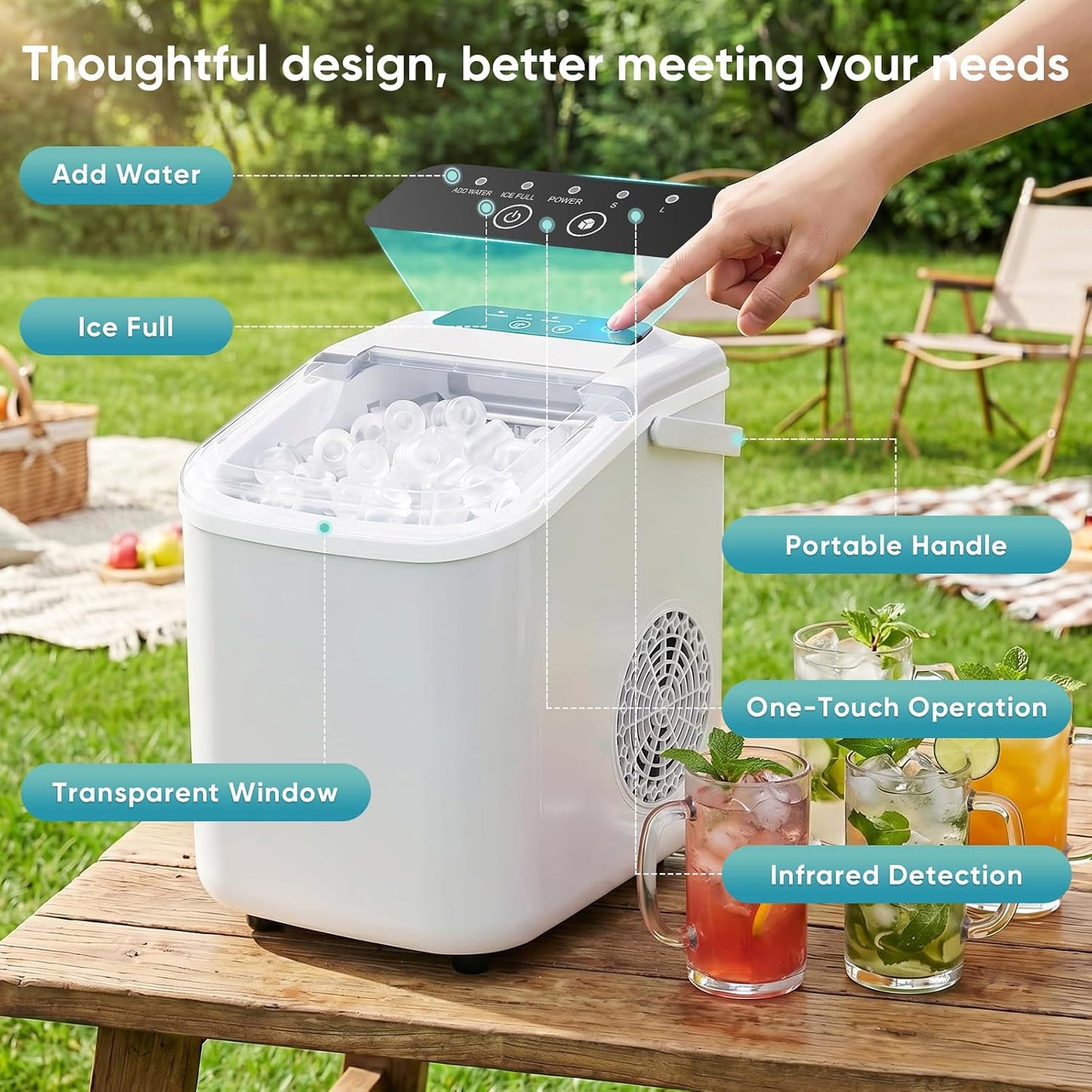 DUMOS Ice Makers Countertop Ice Machine with Portable Handle Compact Size 9 Bullet Cubes in 8 Mins, 26lbs in 24 Hours, Self-Cleaning, with Basket and Scoop, for Home, Kitchen, RV, Camping