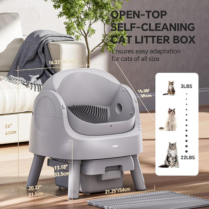 Mimfam Automatic Self Cleaning Litter Box, with 4 Pairs Infrared Senor, Open-Top Design for Multi-Cat Homes, Comes with Liner Bags and Cat Litter Mat, Grey