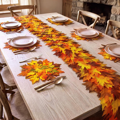 7 Pcs Fall Thanksgiving Maple Leaves Table Runner and Placemats Set 14 x 71'' 3D Multilayer Leaf Table Runner, 15'' Autumn Placemats Set of 6, Washable, for Home Fall Thanksgiving Table Decor