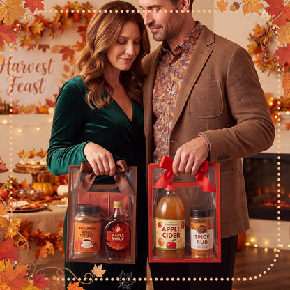 Mooliwe 12-Pack Fall Clear Plastic Gift Bags with Handles and Ribbons, Thanksgiving Goodie Bags for Candy, Small Gifts, Party Favors & Autumn Events