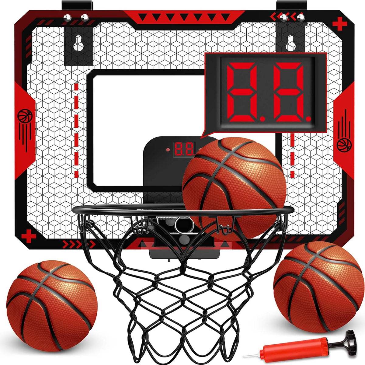 GMAOPHY Mini Basketball Hoop for Kids, Over-the-Door Indoor Basketball Hoop with Electronic Scoreboard, 3 Balls & Pump, Foldable Basketball Set, Red