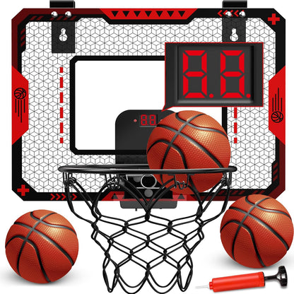 GMAOPHY Mini Basketball Hoop for Kids, Over-the-Door Indoor Basketball Hoop with Electronic Scoreboard, 3 Balls & Pump, Foldable Basketball Set, Red