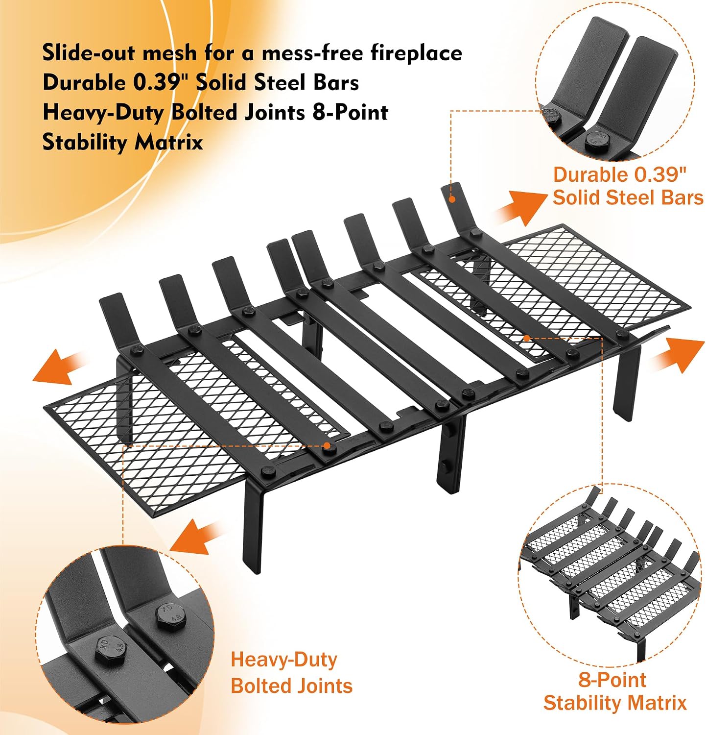 facka Fireplace Grate with Ember Retainer, 21" Heavy Duty Steel Fire Grate 8-Bar Fireplace Log Holder and Wood Stove Grate Rack for Indoor Hearth, Outdoor Fire Pit, Easy Assembly