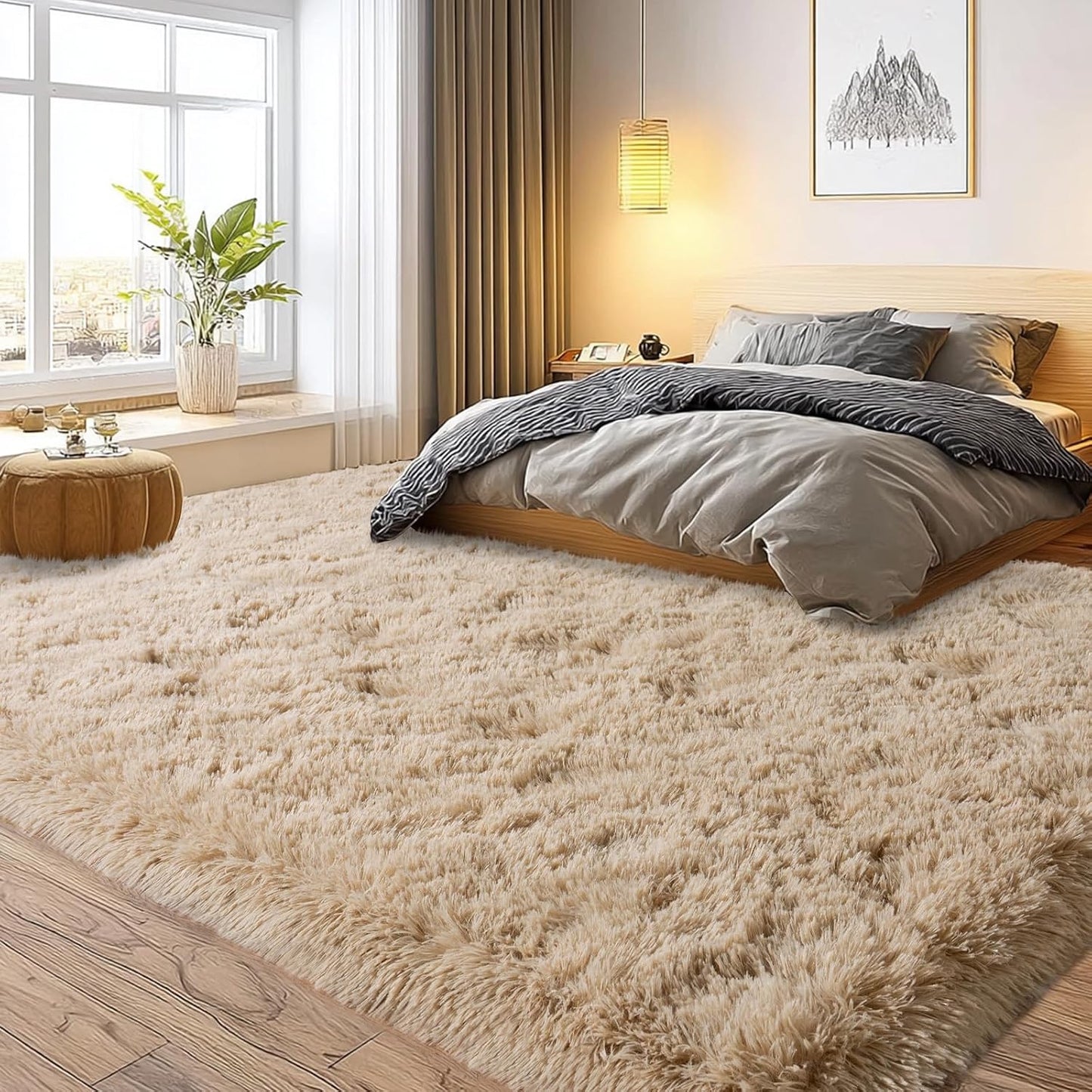 qulint Large Area Rug for Living Room 10x14, Fluffy Tan Rug for Bedroom Shag Shaggy Fuzzy Nursery Carpet, Modern Solid Rug for Boys and Girls Dorm Room Kid Room Classroom Home Decor