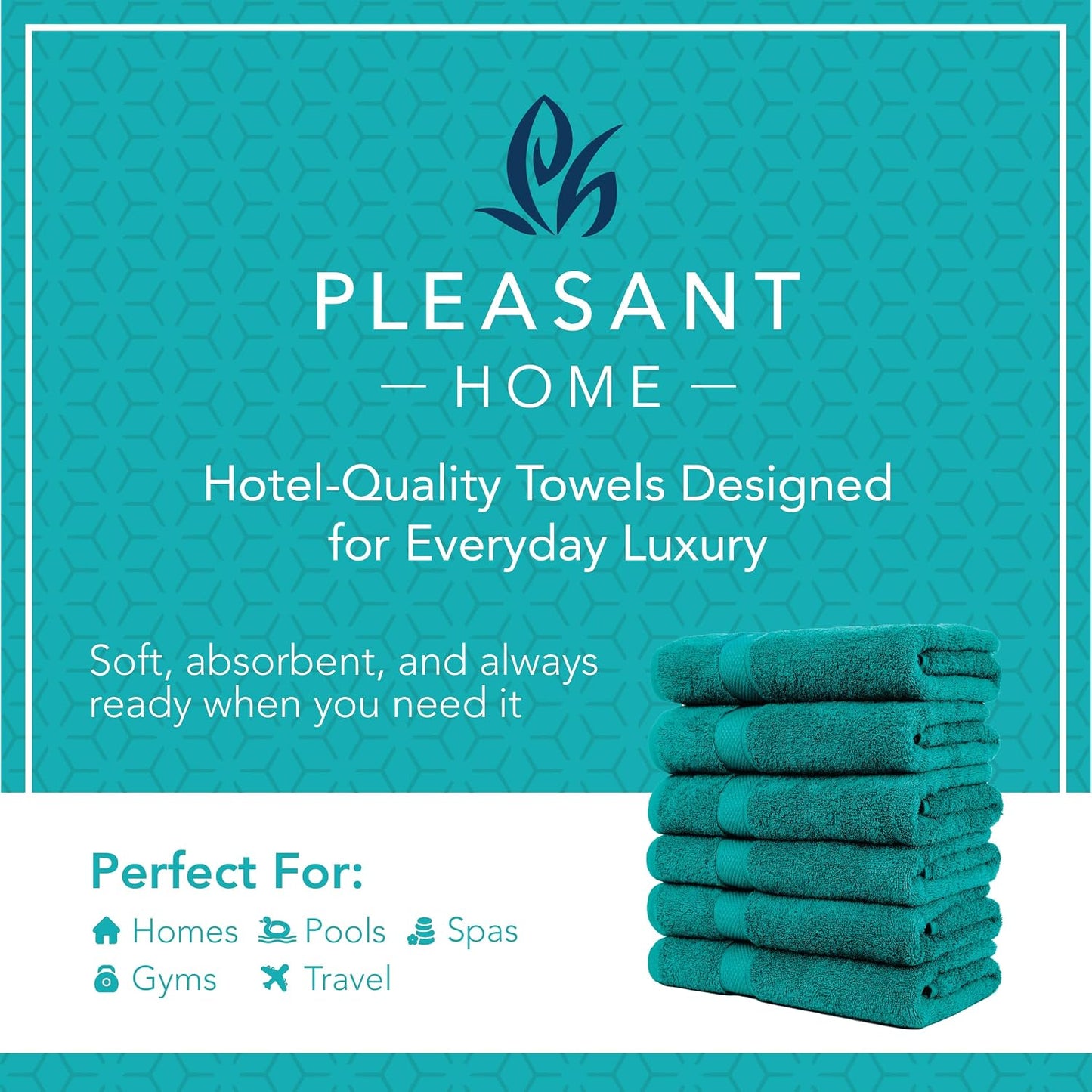 Pleasant Home Bath Towels Set of 6 (24” x 50”) 100% Cotton, Teal