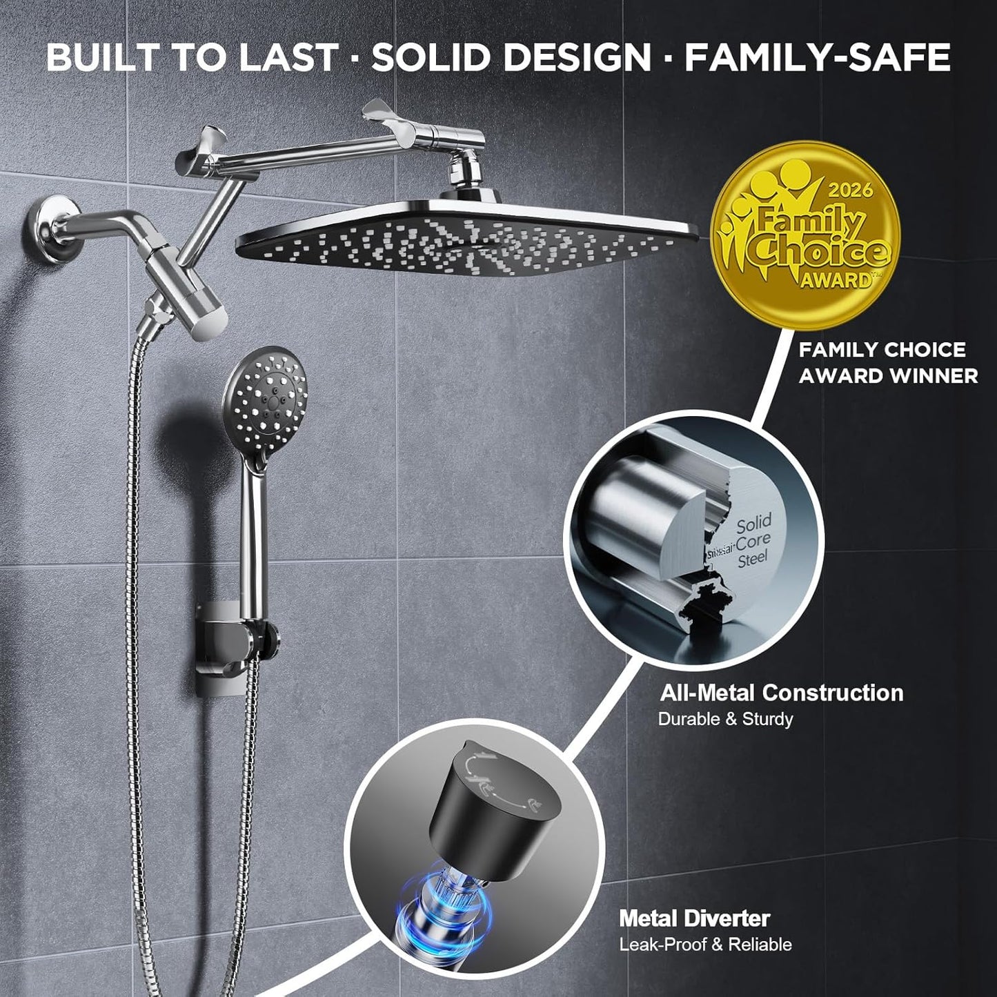 Veken 11.8" High Pressure Shower Head with Handheld, Metal Core Fittings
