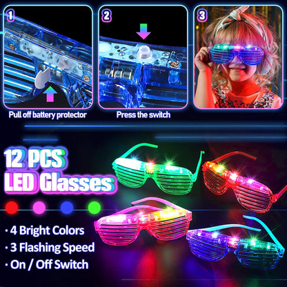 TSDATOWR 150-Piece Glow in the Dark Party Supplies for Kids & Adults, LED Glasses, Headbands, Rings & Glow Sticks with DIY Connectors, Neon Light-Up Party Kit