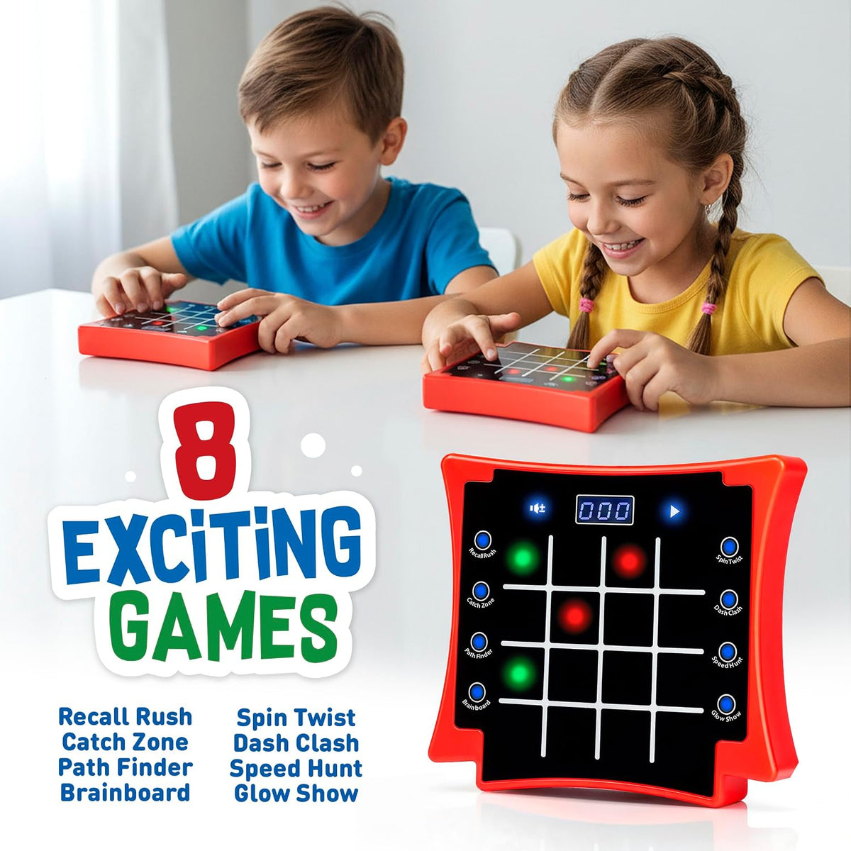 PlayRoute 8-in-1 Electronic Light-Up Activity Pad for Kids Ages 6-12+, Handheld Brain & Memory Game, Touch-Sensitive LED Doodle Game, Educational Travel Toy, Red