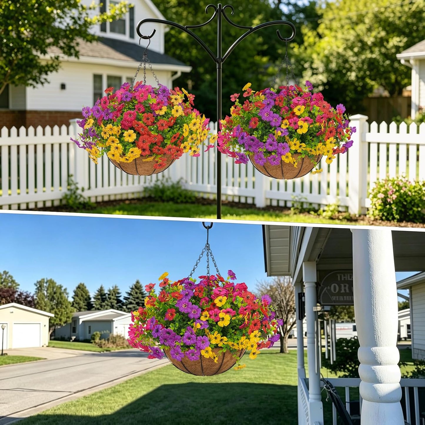 2 Set Artificial Hanging Flowers with Baskets for Outdoor Decor