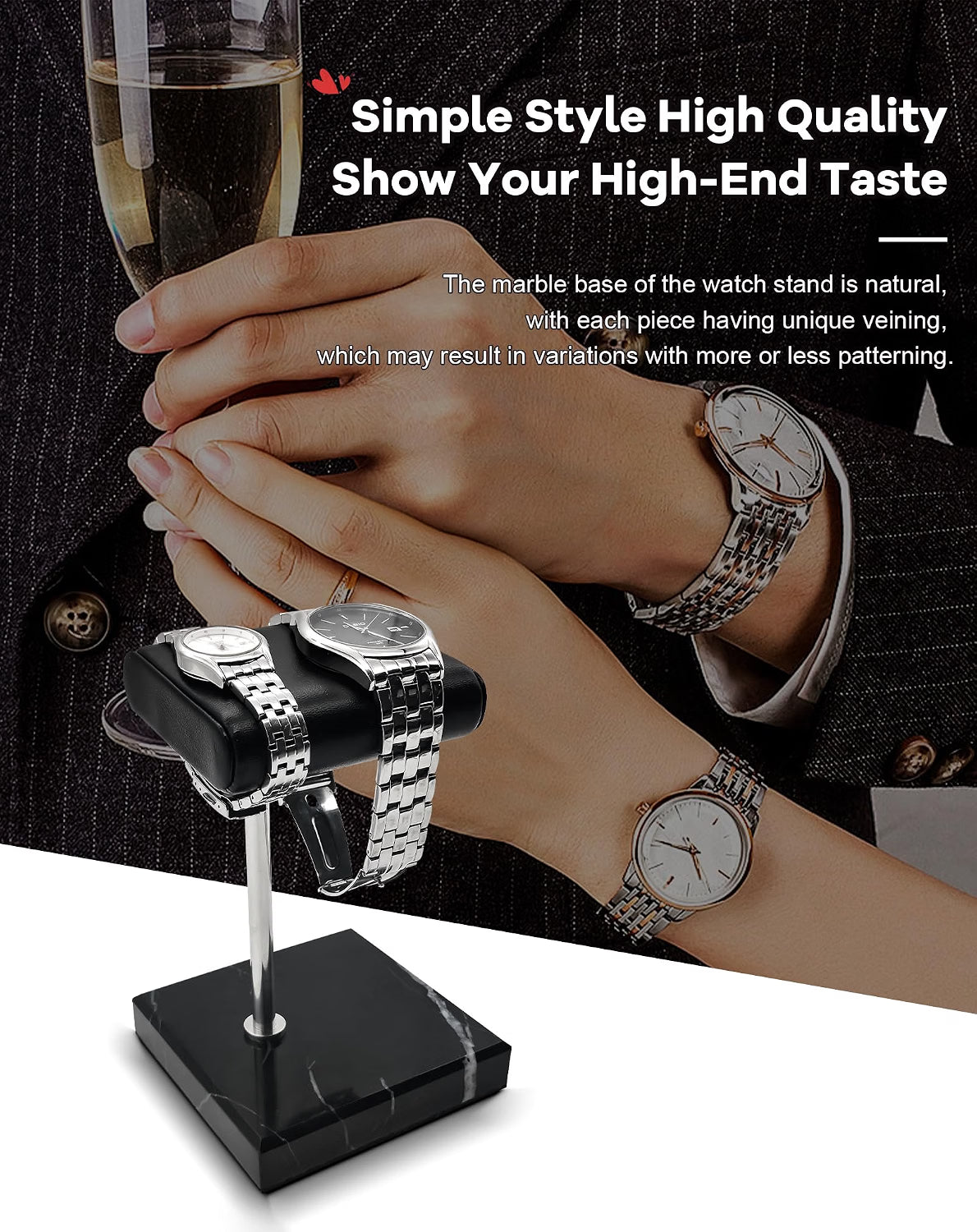 Magemata Single Watch Stand for Men & Women, Black Marble Watch Display Holder with Leather Cushioned Pad, Jewelry & Bracelet Organizer, Elegant Watch Display Stand