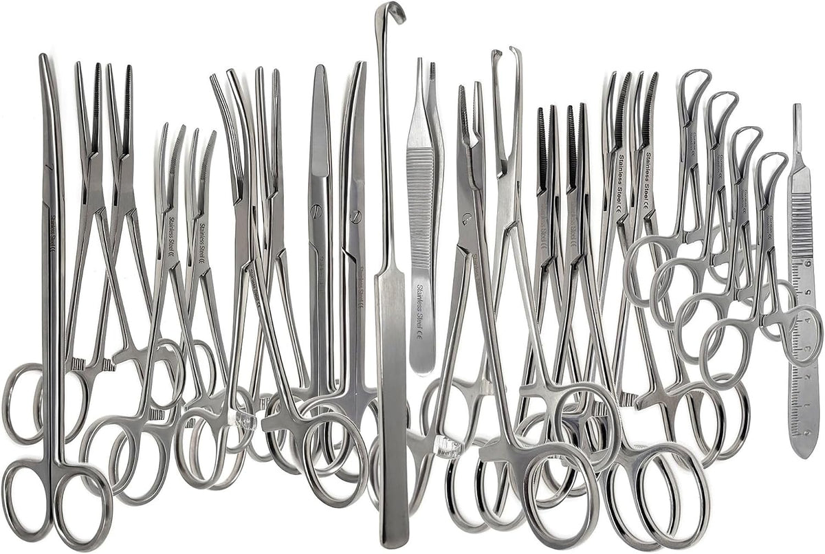 A2Z Stainless Steel 22 Pcs Veterinary Instruments Set Includes Kelly Forceps Mosquito Hemostats Carmalt Rochester Backhaus Towel Clamps Mayo Metzenbaum Scissors Multipurpose Spay Pack Kit-All in ONE