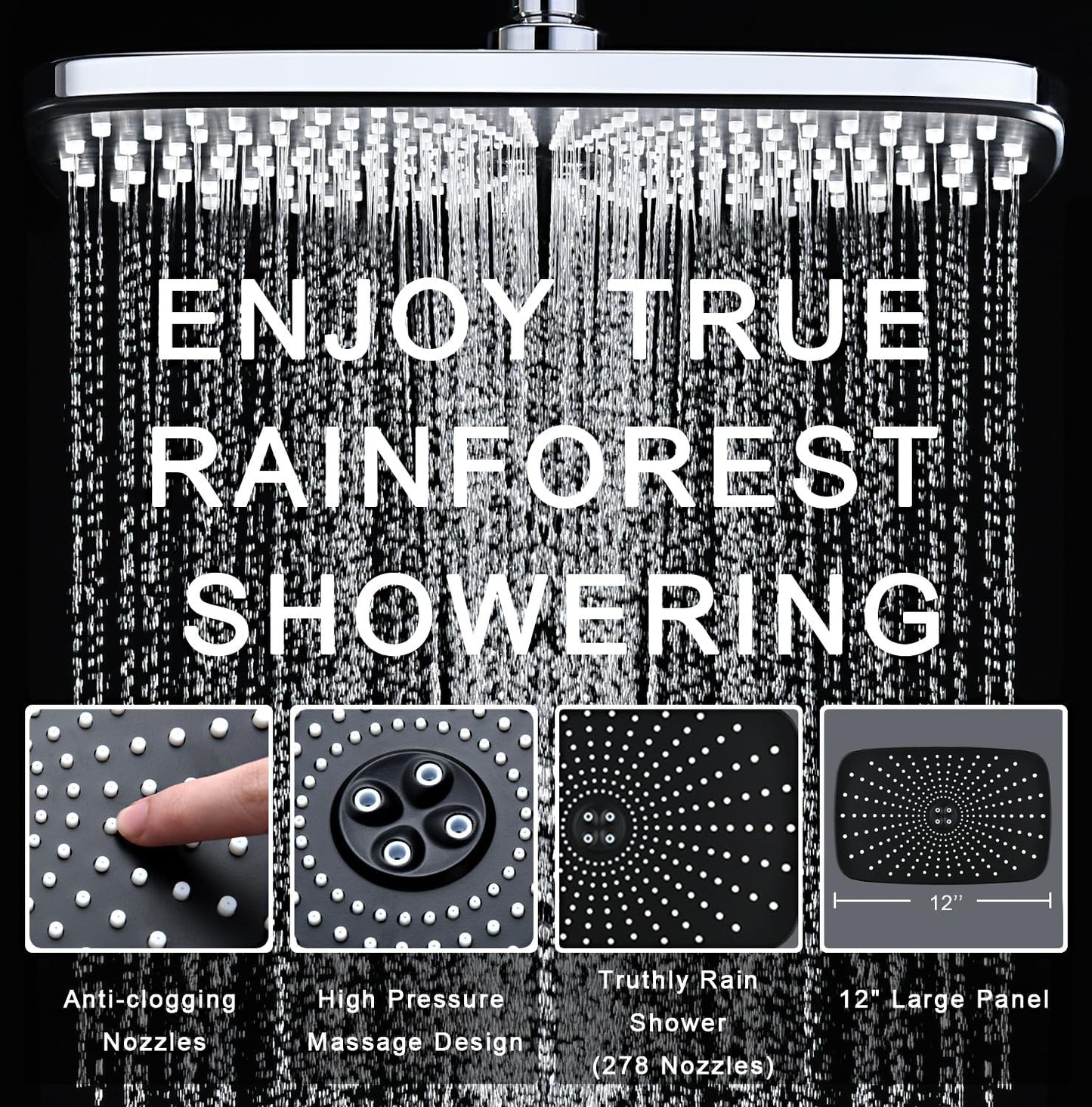 Rain Shower Head with Handheld Showerhead, Chrome 1.8GPM 460311 12" High Pressure Rainfall Shower Heads, 9 Sprays Handheld Showerheads, Magnetic Docking, Power Jets, 59" Shower Hose
