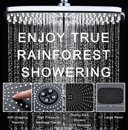 Rain Shower Head with Handheld Showerhead, Chrome 1.8GPM 460311 12" High Pressure Rainfall Shower Heads, 9 Sprays Handheld Showerheads, Magnetic Docking, Power Jets, 59" Shower Hose