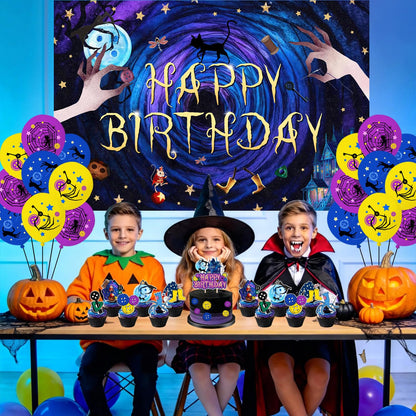 tetcuican 40-Piece Horror Birthday Party Decorations, Blue & Purple Gothic Theme Set with Banner, Balloons, Backdrop, Hanging Swirls, Cake & Cupcake Toppers