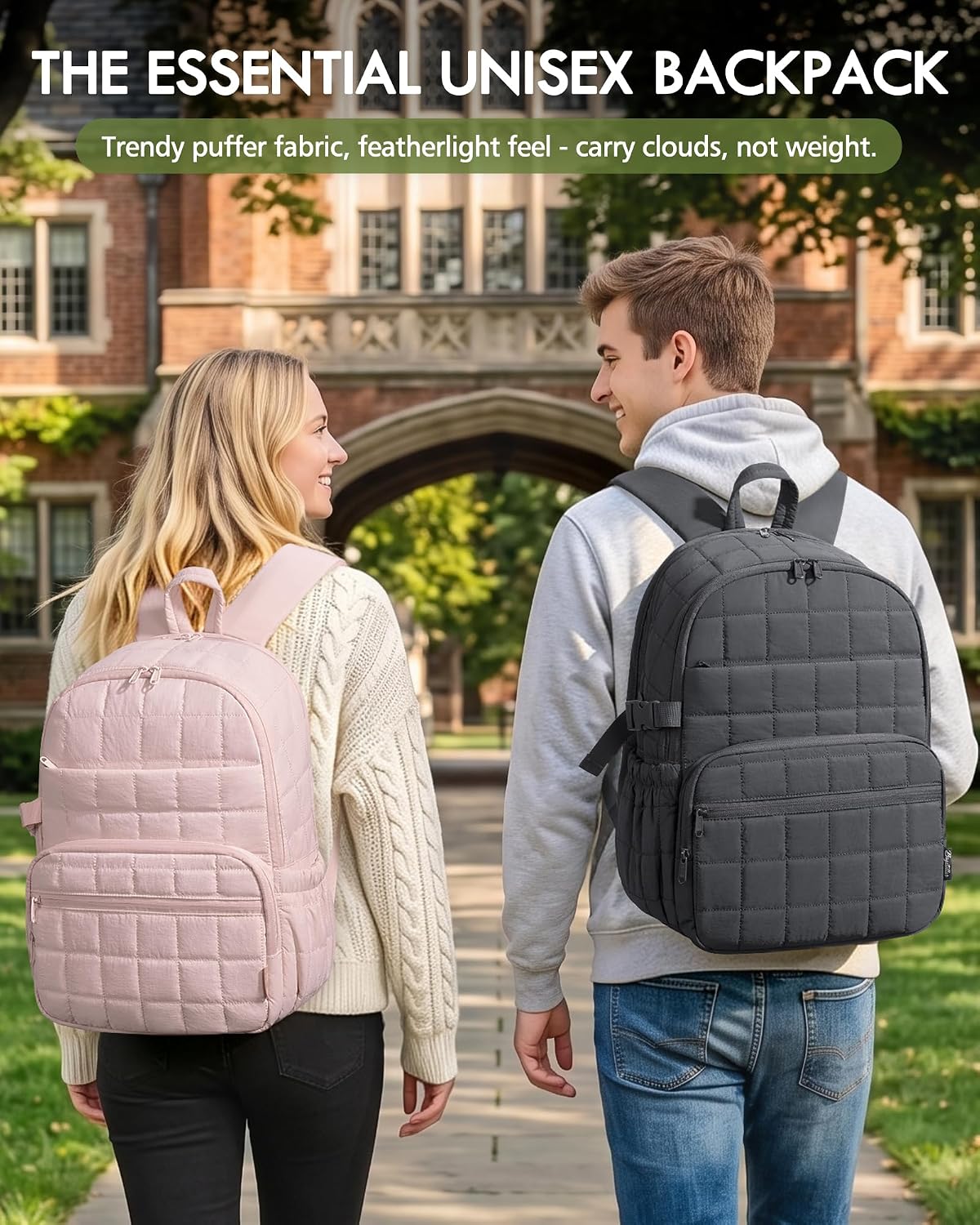 Bagstellar Travel Backpack for Women, 15.6" Puffer College Laptop Backpack 27L Quilted Work Back Pack w/ Double Zipper, 18 Pockets, Giant Tumbler Holder, Water Resistant Teacher Nurse Computer Bookbag