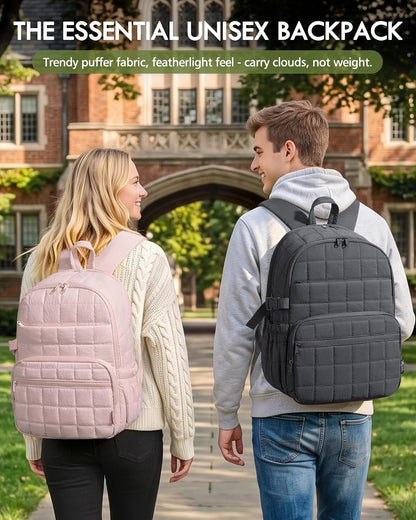 Bagstellar Travel Backpack for Women, 15.6" Puffer College Laptop Backpack 27L Quilted Work Back Pack w/ Double Zipper, 18 Pockets, Giant Tumbler Holder, Water Resistant Teacher Nurse Computer Bookbag