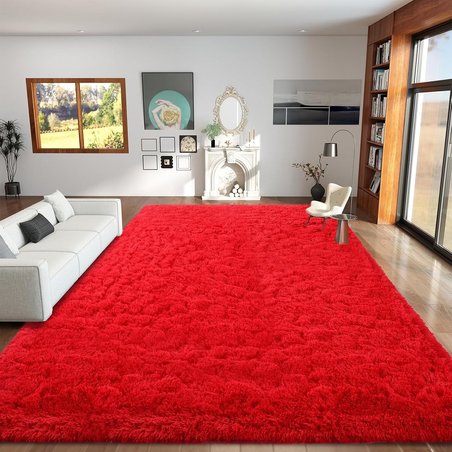 Red 8x10 Area Rugs for Living Room Bedroom, Soft Plush Fluffy Large Rug Shag Upgrade Non-Slip Thick Fuzzy Carpet for Nursery Room Dorm Room, Kids Girls and Boys Home Decor Indoor Home Aesthetic