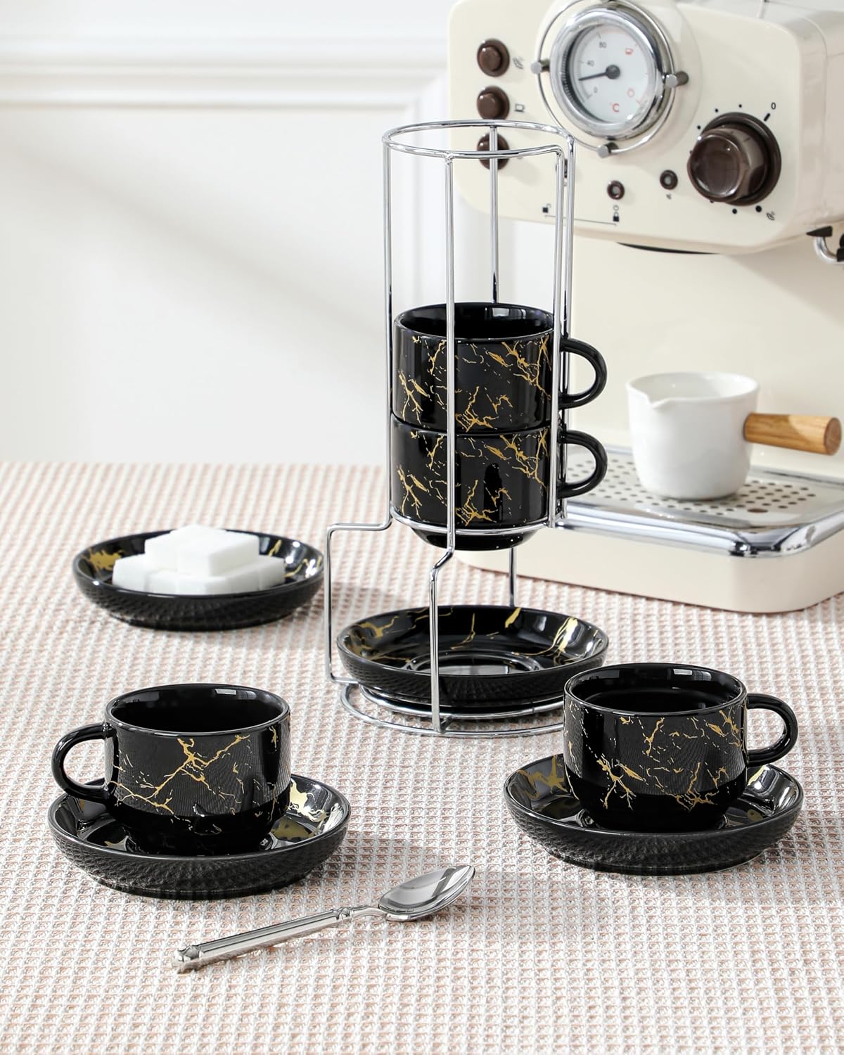 MALACASA Porcelain Espresso Cups Set of 4, with Saucers and Metal Stand, 4 Ounce Stackable Cappuccino Cups, Expresso Shots Cup Ceramic Demitasse Mugs, Marble Black