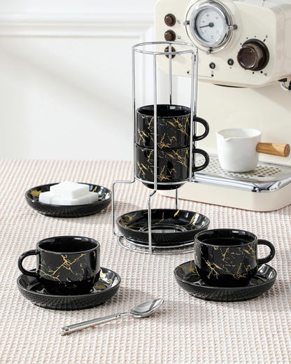 MALACASA Porcelain Espresso Cups Set of 4, with Saucers and Metal Stand, 4 Ounce Stackable Cappuccino Cups, Expresso Shots Cup Ceramic Demitasse Mugs, Marble Black