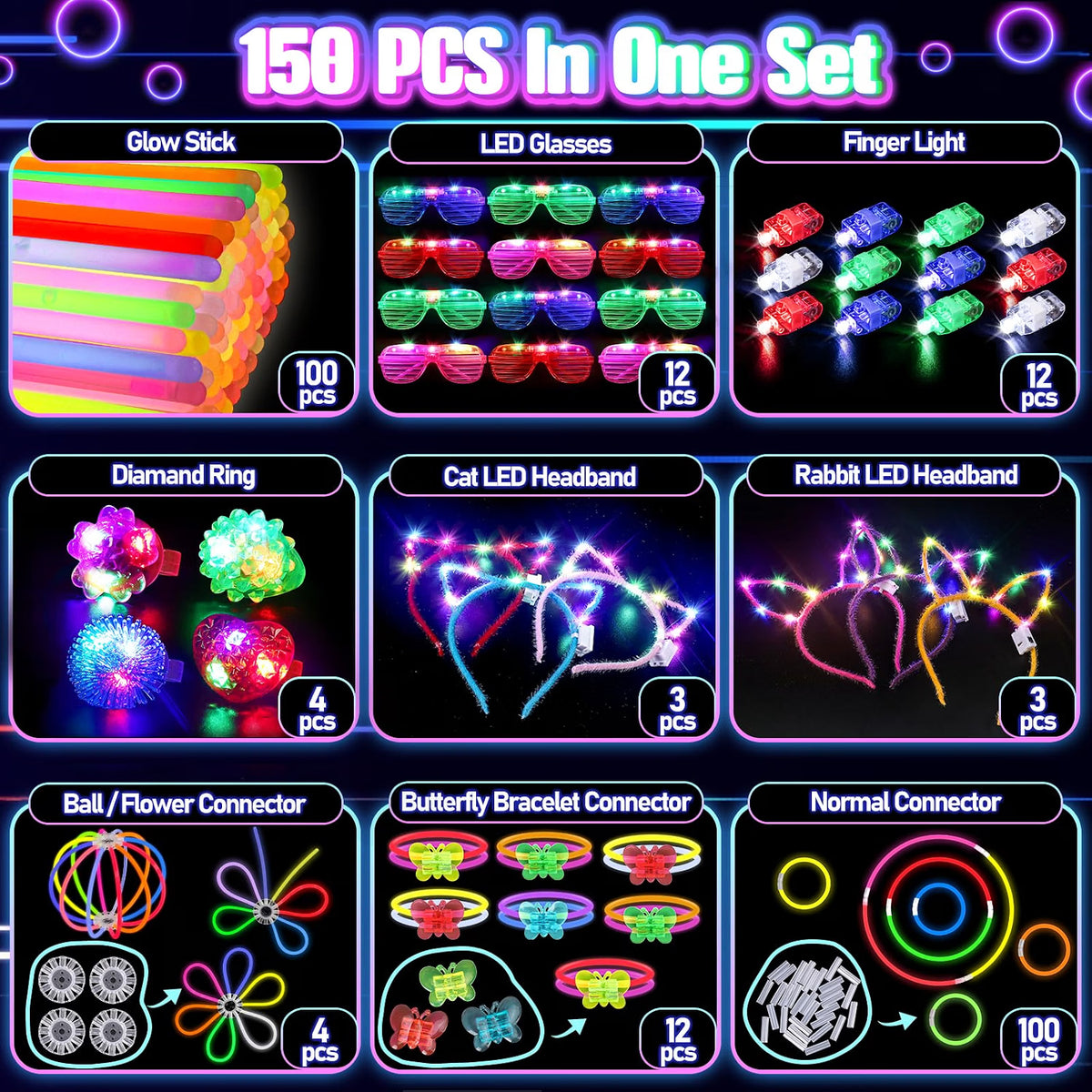 TSDATOWR 150-Piece Glow in the Dark Party Supplies for Kids & Adults, LED Glasses, Headbands, Rings & Glow Sticks with DIY Connectors, Neon Light-Up Party Kit