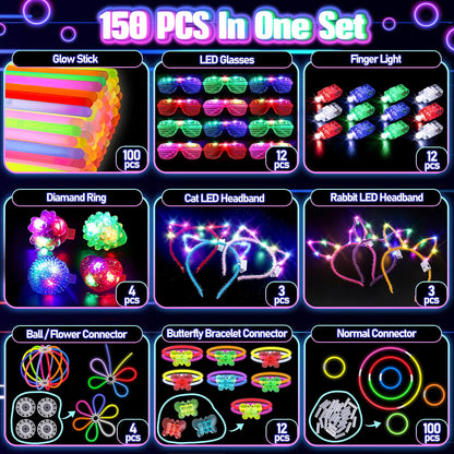 TSDATOWR 150-Piece Glow in the Dark Party Supplies for Kids & Adults, LED Glasses, Headbands, Rings & Glow Sticks with DIY Connectors, Neon Light-Up Party Kit