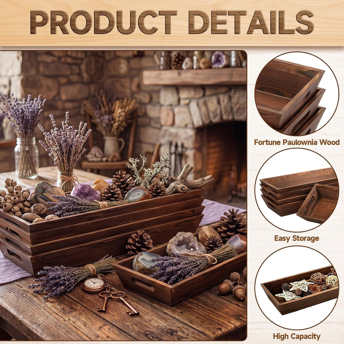 Gisafai 6 Pcs Long Wooden Narrow Tray Large Fall Serving Trays with Handle Thanksgiving Party, Rustic Farmhouse, Fall Centerpiece, 24x7.8'', Rectangular, Charcuterie Board Plate, Dining Dinner Kitchen
